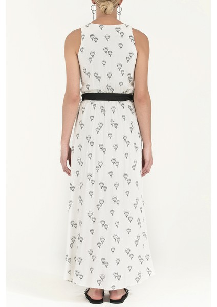 Beyaz Kemerli Desenli Uzun Elbise 92316 fırsatları