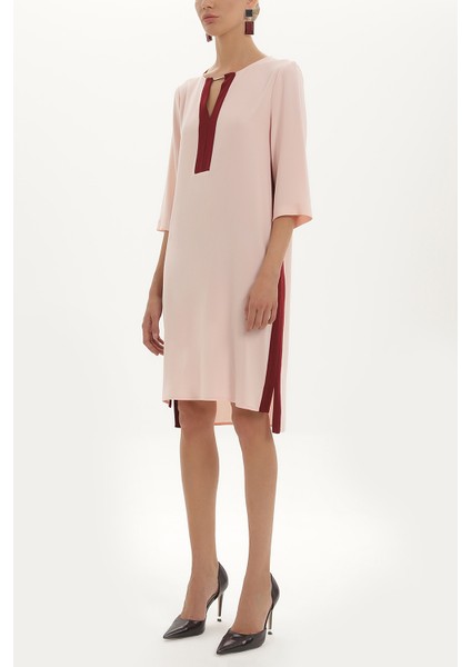 Pembe Yakası Aksesuarlı Bol Kesim Midi Elbise 91428 indirimleri