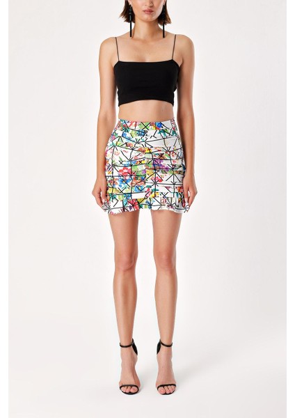 Ekru Siyah Çizgili Büzgülü Dar Kesim Midi Etek 81123