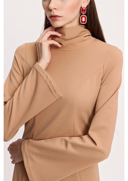 Bej Yüksek Yaka Bağlamalı Uzun Elbise 94008 modelleri