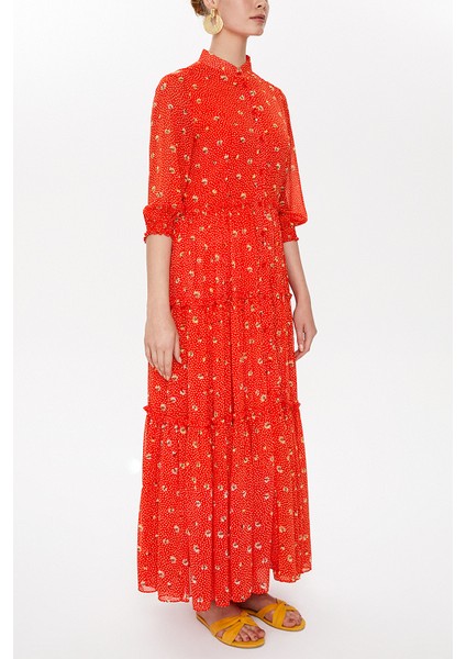 Kırmızı Kolları Lastikli Büzgülü Uzun Elbise 93164 fiyatları