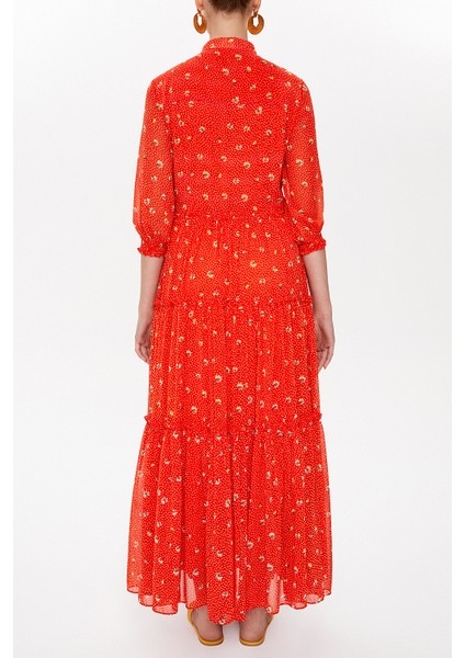 Kırmızı Kolları Lastikli Büzgülü Uzun Elbise 93164 fırsatları