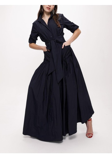 Lacivert Büzgülü Uzun Tafta Gömlek Elbise 94198