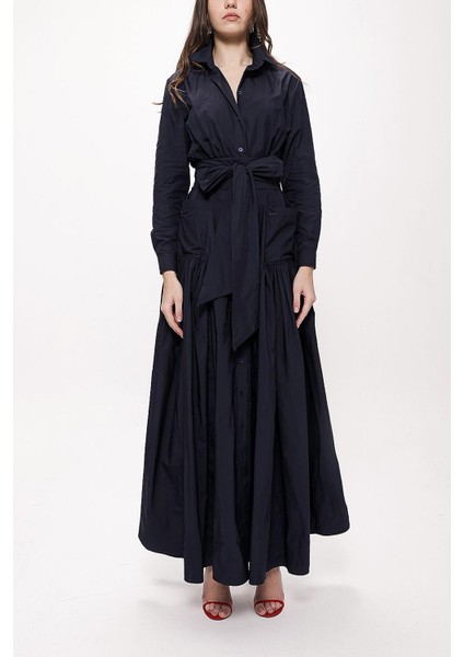 Lacivert Büzgülü Uzun Tafta Gömlek Elbise 94198 fiyatları