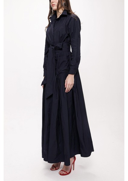 Lacivert Büzgülü Uzun Tafta Gömlek Elbise 94198 modelleri