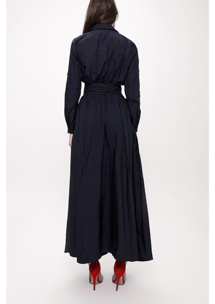 Lacivert Büzgülü Uzun Tafta Gömlek Elbise 94198 fırsatları