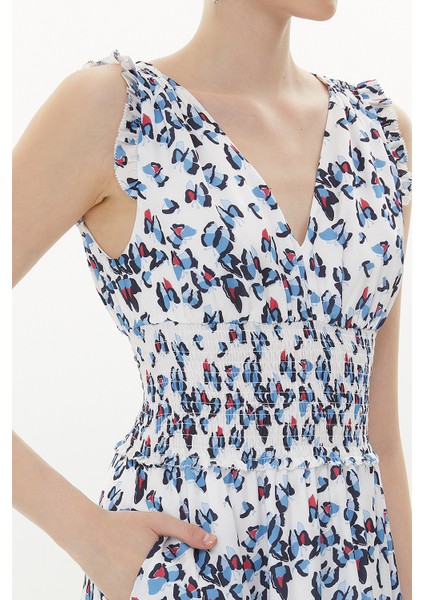 Mavi Desenli Beli Lastikli Kolsuz Midi Elbise 93359 indirimleri