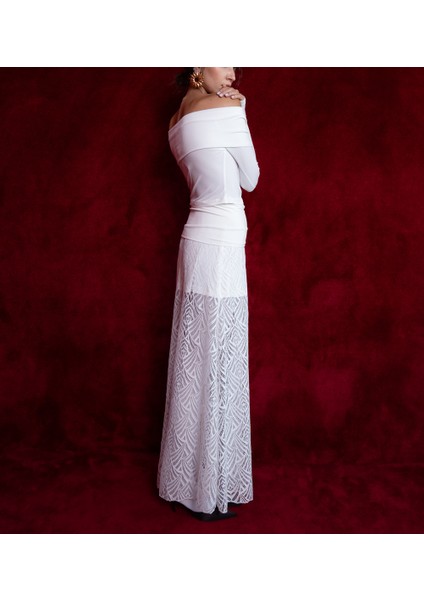 Ekru Örme Kumaş Karışımlı Uzun Dantel Etek 81309