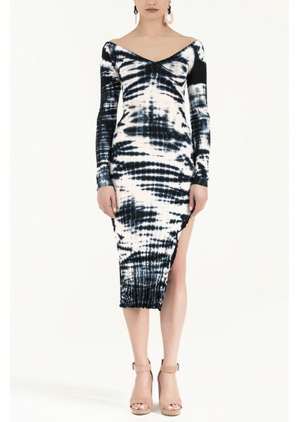 Beyaz Kayık Yaka Degrade Örme Midi Elbise 92120