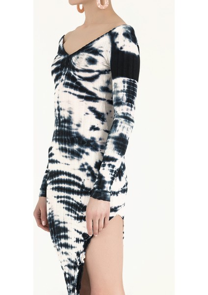 Beyaz Kayık Yaka Degrade Örme Midi Elbise 92120 modelleri