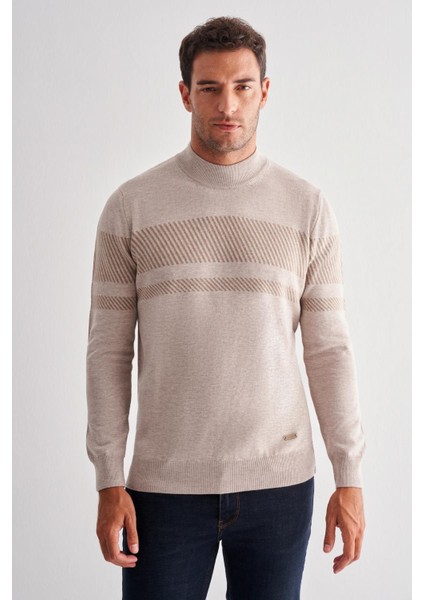 Bej Yarım Balıkçı Yaka Uzun Kol Cepsiz Comfort Fit Pamuklu Triko Kazak 1012255213