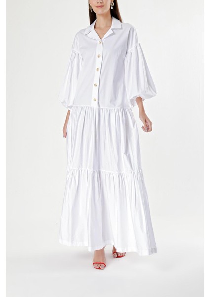 Beyaz Balon Kollu Büzgülü Uzun Elbise 94227