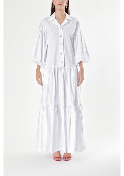 Beyaz Balon Kollu Büzgülü Uzun Elbise 94227 fiyatları