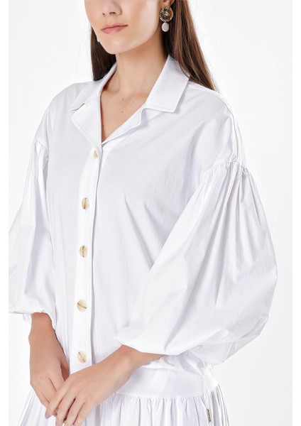 Beyaz Balon Kollu Büzgülü Uzun Elbise 94227 indirimleri