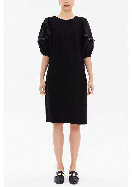 Siyah Balon Kol Bol Kesim Midi Elbise 92048