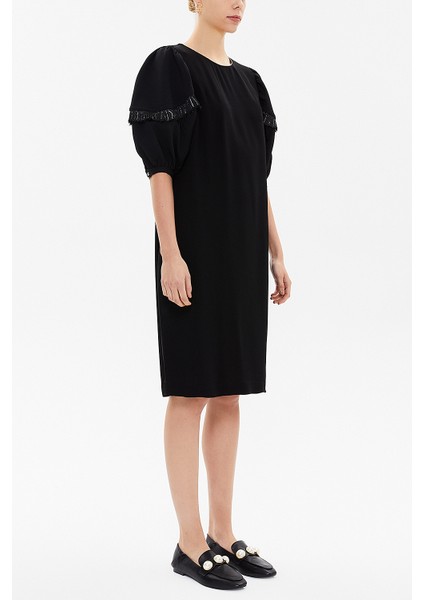 Siyah Balon Kol Bol Kesim Midi Elbise 92048