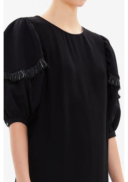 Siyah Balon Kol Bol Kesim Midi Elbise 92048