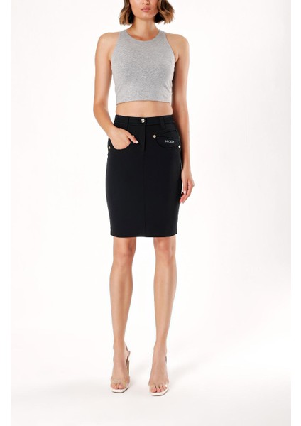 Siyah Metal Aksesuarlı Dar Kesim Etek 80340