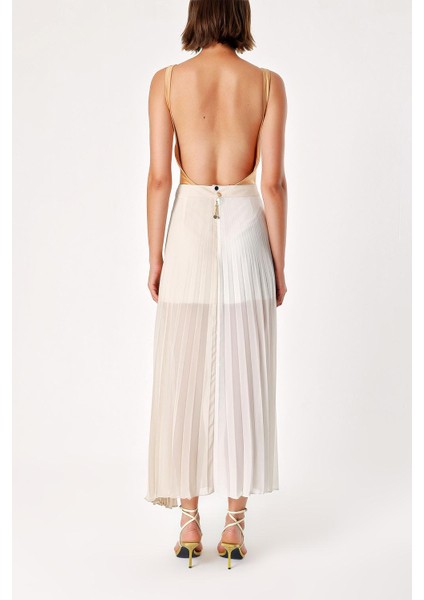 Ekru Bej Pilili Fermuarlı Uzun Etek 80503