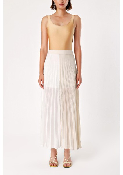 Ekru Bej Pilili Fermuarlı Uzun Etek 80503