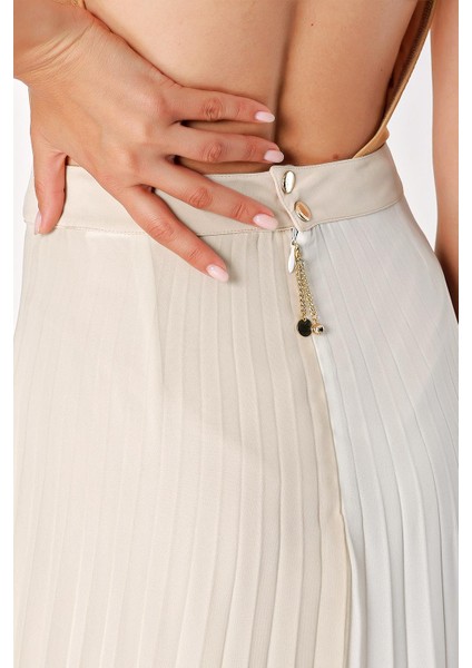 Ekru Bej Pilili Fermuarlı Uzun Etek 80503 indirimleri