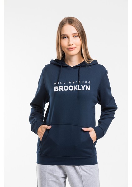Kadın Kapşonlu Rahat Kalıp Ince Wıllamsburg Brooklyn Baskılı Swetashırt SPR24SWK123