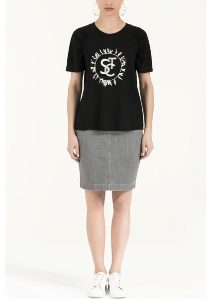 Siyah Baskılı Basic Pamuk Tshirt 19677