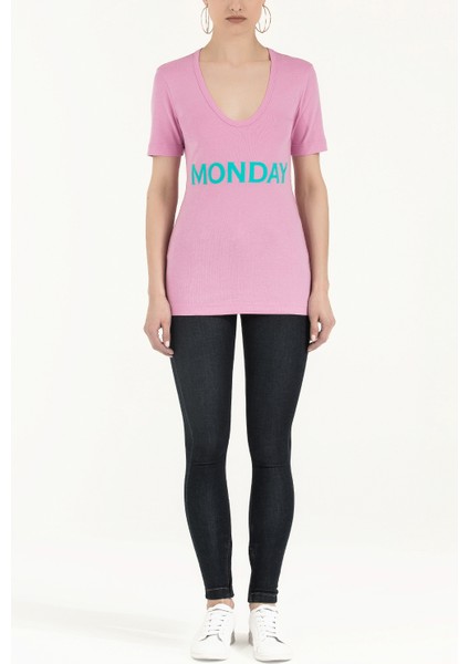 Pembe V Yaka Baskılı Örme Bluz 19594