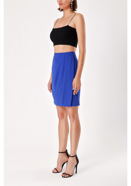 Mavi Asimetrik Kesim Krep Etek 80538 modelleri