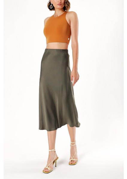 Yeşil Midi Boy Saten Etek 81104