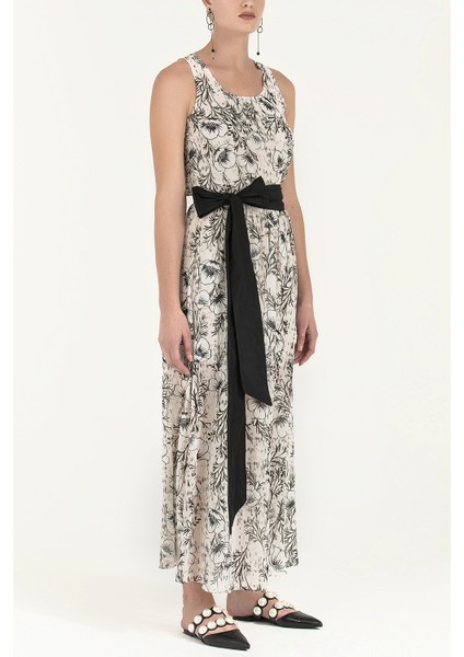 Ekru Kemerli Desenli Uzun Elbise 92316 fiyatları