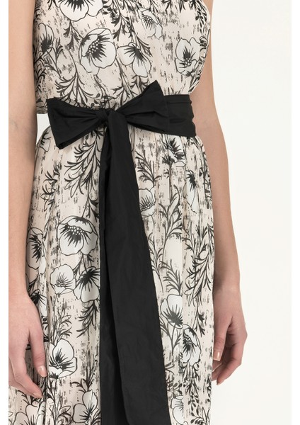 Ekru Kemerli Desenli Uzun Elbise 92316 modelleri