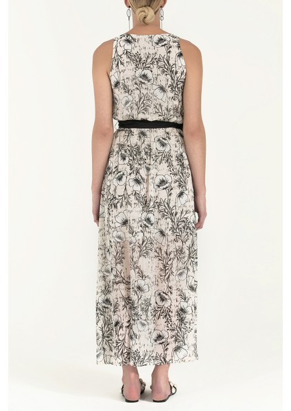 Ekru Kemerli Desenli Uzun Elbise 92316 fırsatları