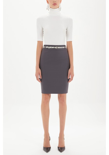 Vizon Deri Kemerli Desenli Kalem Etek 80767