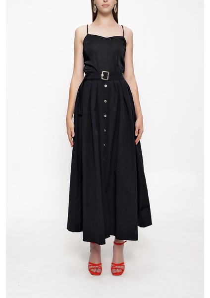 Siyah Beli Lastikli Düğmeli Midi Etek 81211