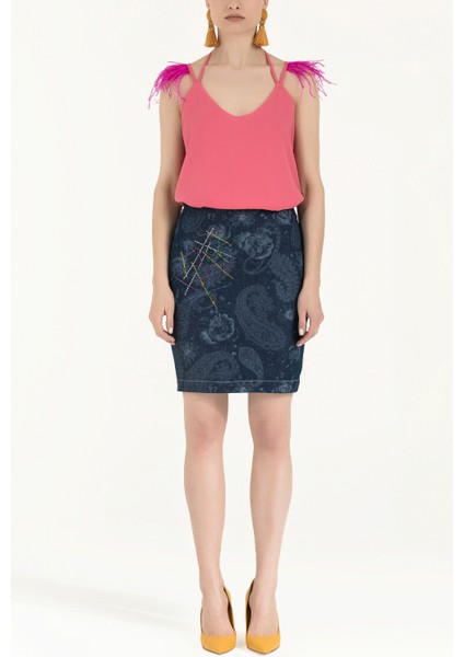 Lacivert Taşlı Denim Etek 80638