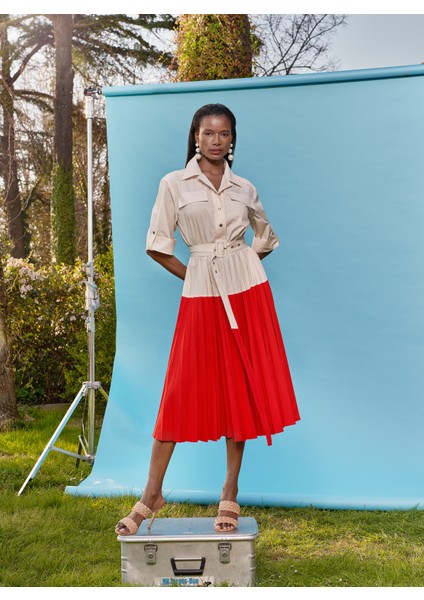 Beyaz Kırmızı Pilise Detaylı Poplin Elbise 93504