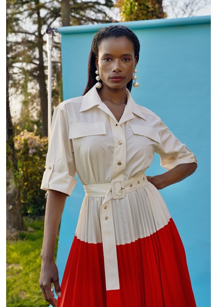 Beyaz Kırmızı Pilise Detaylı Poplin Elbise 93504 modelleri