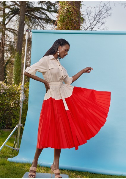 Beyaz Kırmızı Pilise Detaylı Poplin Elbise 93504 indirimleri