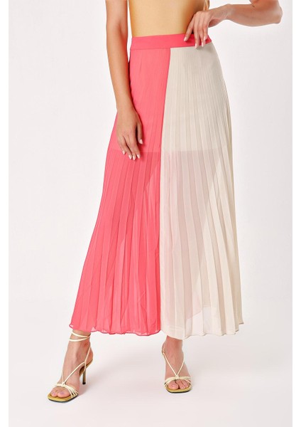 Bej Kırmızı Pilili Fermuarlı Uzun Etek 80503 modelleri