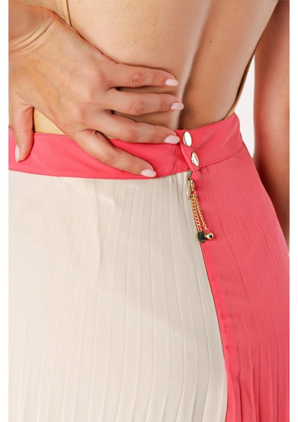 Bej Kırmızı Pilili Fermuarlı Uzun Etek 80503 indirimleri