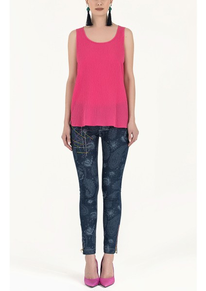 Pembe Desenli Bol Kesim Kolsuz Bluz 19692