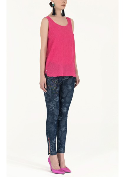 Pembe Desenli Bol Kesim Kolsuz Bluz 19692