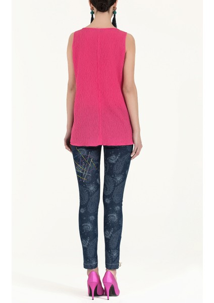 Pembe Desenli Bol Kesim Kolsuz Bluz 19692