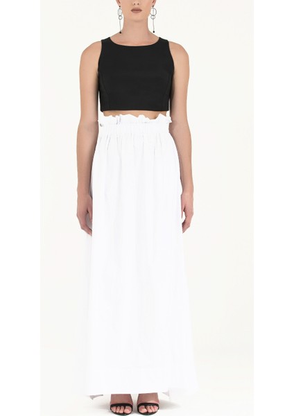 Beyaz Yüksek Bel Lastikli Uzun Etek 80995