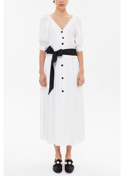 Beyaz V Yaka Uzun Elbise 92761