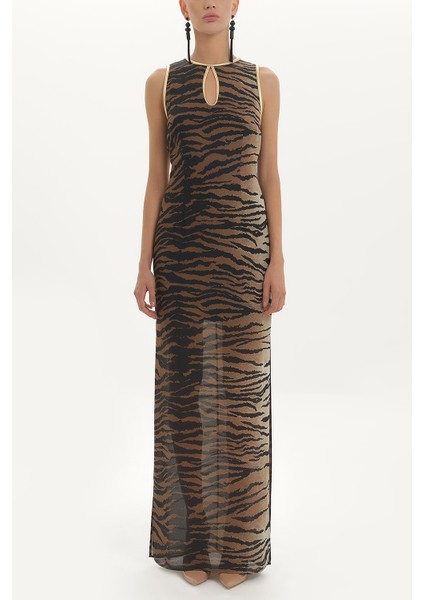 Siyah Leopar Baskılı Uzun Şifon Uzun Elbise 91364