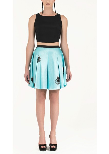 Turkuaz Gül Desenli Volanlı Etek 80837