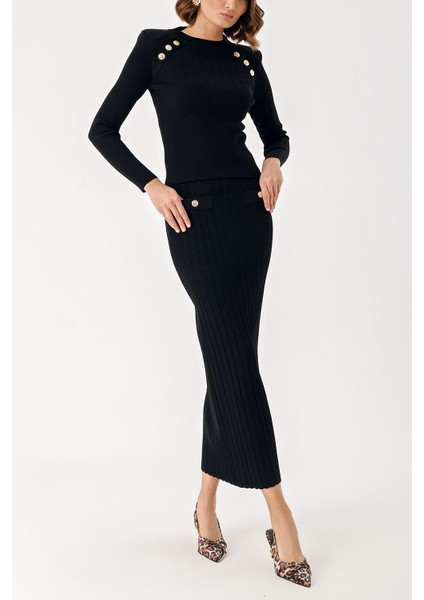 Siyah Düğme Detaylı Kazak ve Etekli Takım 28852