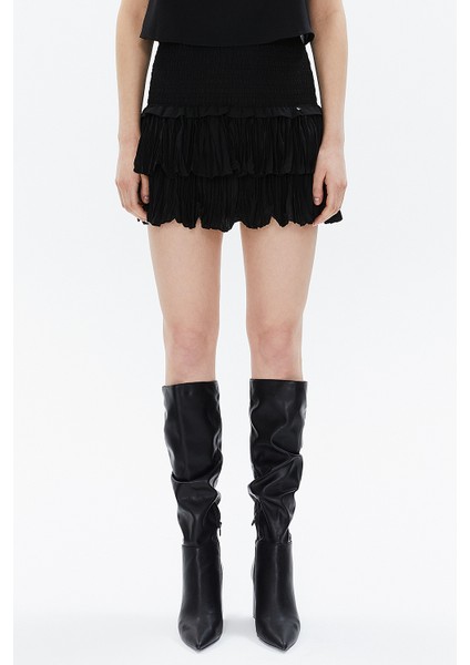 Siyah Beli Lastik Detaylı Volanlı Mini Etek 81156